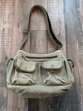 LL Bean Canvas Crossbody Messenger Utility Bag Olive Green Multi-pocket Adjust